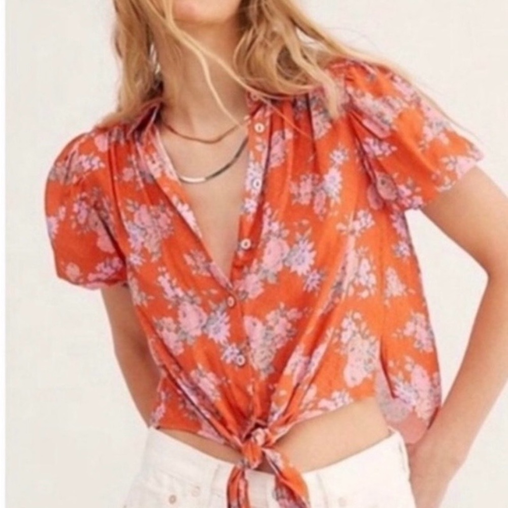 NWOT Free People Celia Floral Tie Front Blouse Size Medium Boho Puff Sleeve